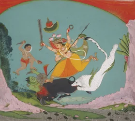 La gran diosa Durga matando al demonio búfalo (Mahishasuramardini)